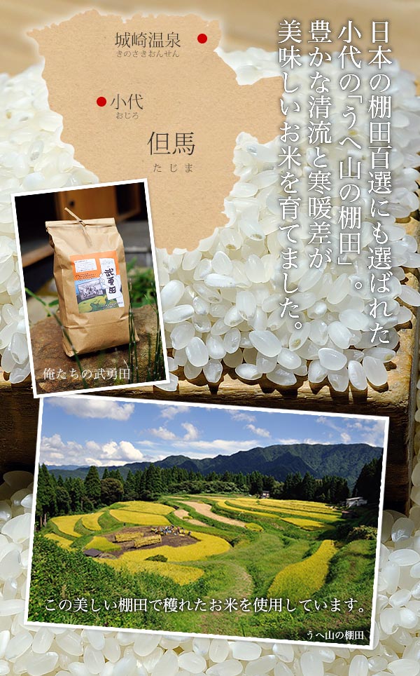 日本の棚田100選にも選ばれた小代のうへ山の棚田。豊かな清流と寒暖差が美味しいお米を育てました。